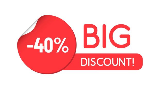 Big discount red discount sticker promo lettering. bent label isolated on white background. 40 percent discount. illustration for promo advertising discounts