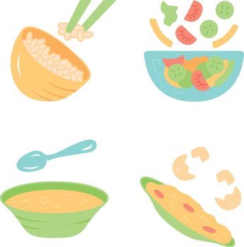 Organic food flat design long shadow color icons set. Vegetables, eggs. Salad, soup, omelett. Healthy nutrition. Dinner, supper restaurant menu. First, second course. Vector silhouette illustrations