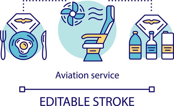 Aviation service and amenities concept icon. Flight breakfast, drinks idea thin line illustration. Airplane seat. Plane conditioning system. Vector isolated outline drawing. Editable stroke