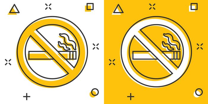 No smoking sign icon in comic style. Cigarette cartoon vector illustration on white isolated background. Nicotine splash effect business concept.