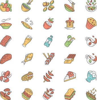 Menu dishes color icons set. Salads, first meal, main dishes. Burgers, pizza, beverages, desserts. Fast food, restaurant, cafe, bistro meal. Isolated vector illustrations