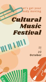Cultural music festival story template, retro instrument design vector