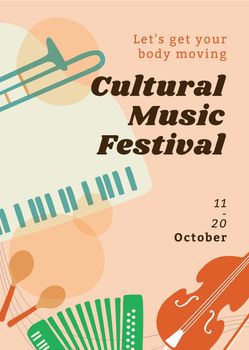 Cultural music festival poster template, retro instrument design vector