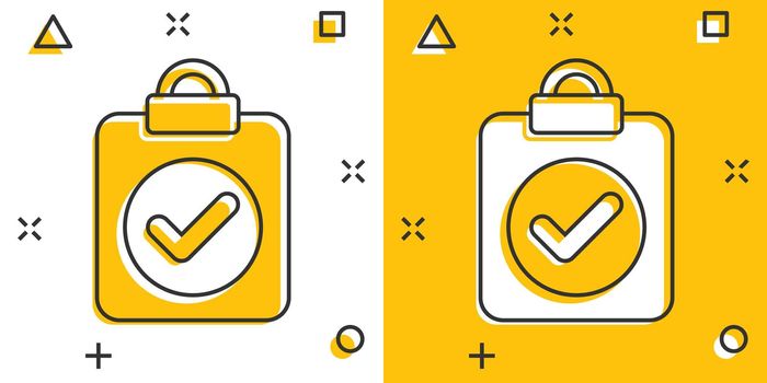 Document checkbox icon in comic style. Test cartoon vector illustration on white isolated background. Contract splash effect business concept.