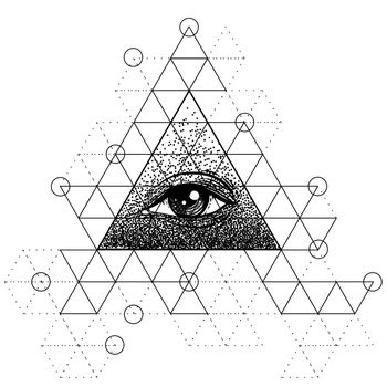 Blackwork tattoo flash. Eye of Providence. Masonic symbol. All seeing eye inside triangle pyramid. New World Order. Sacred geometry, occultism. Isolated vector illustration.
