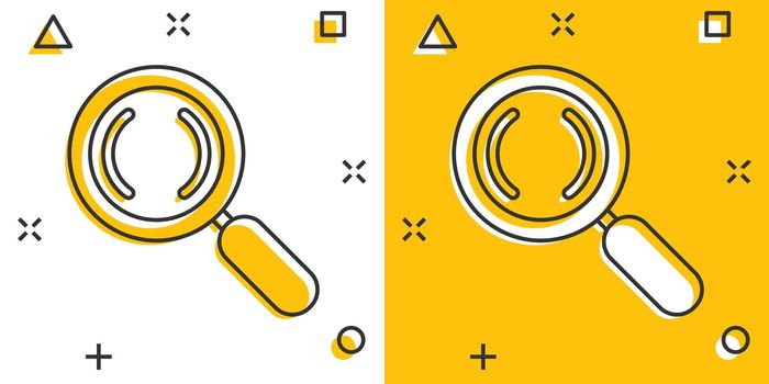 Loupe sign icon in comic style. Magnifier cartoon vector illustration on white isolated background. Search splash effect business concept.