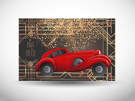 Art Deco vintage invitation template design with illustration of a red car. Vector illustration. Roaring Twenties. Classic automobile, luxury