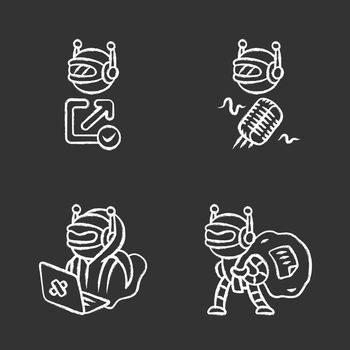 Bot types chalk icons set. Hacker, backlink checker, scraper bots. Malicious robot. Artificial intelligence, AI. Voice recognition. Computer virus. Isolated vector chalkboard illustrations