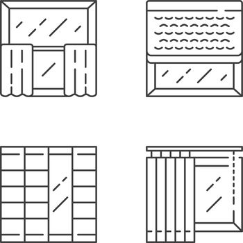 Window decoration linear icons set. Curtains, vertical blinds, woven wood shades, shoji panels. Shop interior design. Thin line contour symbols. Isolated vector outline illustrations. Editable stroke