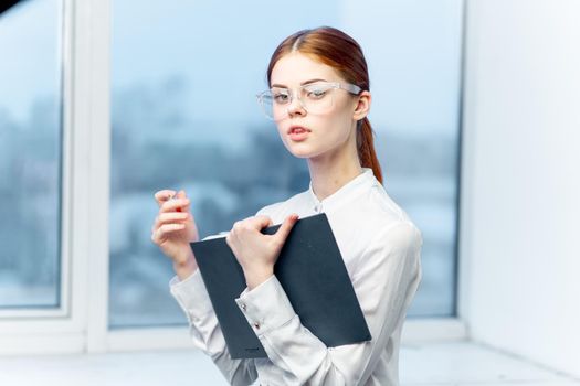 secretary with glasses with documents work official Professional