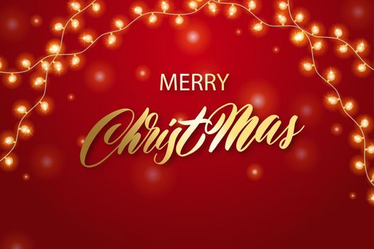 Christmas background with shining garland. Merry Christmas card illustration on red background.