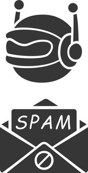 Spambot glyph icon. Virus advertisements. Spam bot. Malicious phishing sites. Spam advertising software sending. Internet spammer. Silhouette symbol. Negative space. Vector isolated illustration