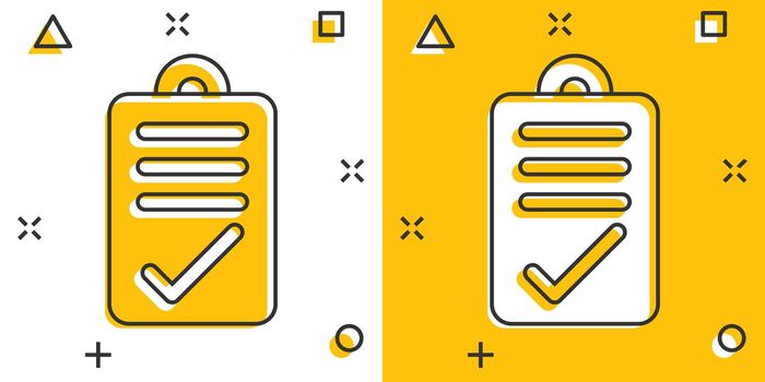 Document checkbox icon in comic style. Test cartoon vector illustration on white isolated background. Contract splash effect business concept.