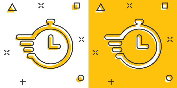 Recovery icon in comic style. Repeat clock cartoon vector illustration on white isolated background. Rotation time splash effect business concept.
