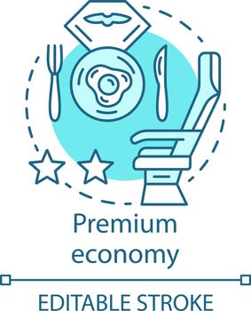Premium economy concept icon. Airline travel class idea thin line illustration. Flight menu, breakfast. Passenger seat. Food served on airplane board. Vector isolated outline drawing. Editable stroke