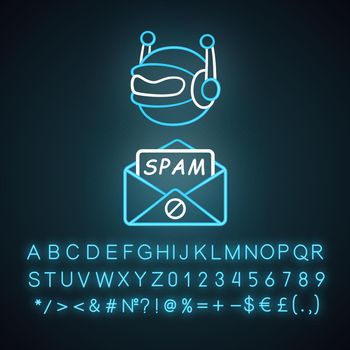Spambot neon light icon. Virus advertisements. Spam bot. Malicious phishing sites. Spam advertising software sending. Glowing sign with alphabet, numbers and symbols. Vector isolated illustration