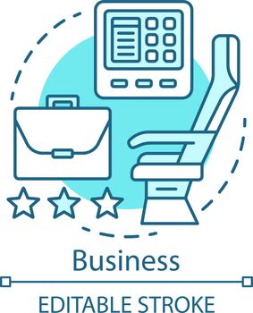 Business class concept icon. Passenger seat in airplane idea thin line illustration. Transport interior. Airline travel class seating. Airplane cabin. Vector isolated outline drawing. Editable stroke