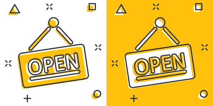 Open sign icon in comic style. Accessibility cartoon vector illustration on white isolated background. Message splash effect business concept.