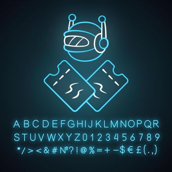 Scalper bot neon light icon. Tickets wholesale buying scalping bot. Online bulk purchases. Artificial intelligence. Glowing sign with alphabet, numbers and symbols. Vector isolated illustration