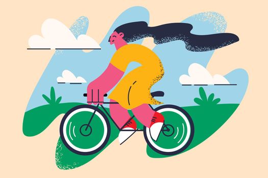Active healthy lifestyle and sport concept. Young smiling positive woman cartoon character enjoying riding on bicycle outdoors on clear summer day vector illustration