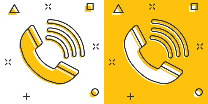 Phone icon in comic style. Telephone call cartoon vector illustration on white isolated background. Mobile hotline splash effect business concept.