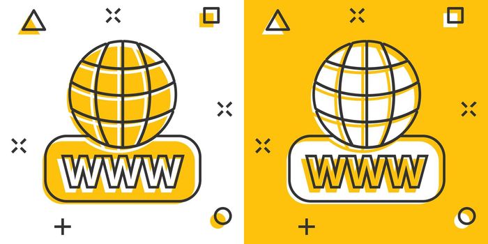 Global search icon in comic style. Website address cartoon vector illustration on white isolated background. WWW network splash effect business concept.