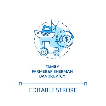Family farmer and fisherman bankruptcy blue concept icon