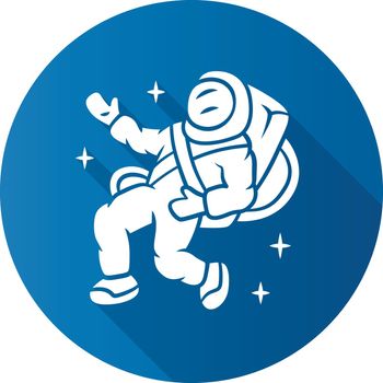 Astronaut flat design long shadow glyph icon. Spaceman. Space explorer. Cosmonaut in outer space. Man in space suit. Cosmic mission. Travel, adventure, exploration. Vector silhouette illustration