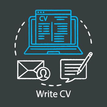Write CV concept chalk icon. Resume, curriculum vitae idea. Sending job application and resume. Sign up, registration. Vector isolated chalkboard illustration