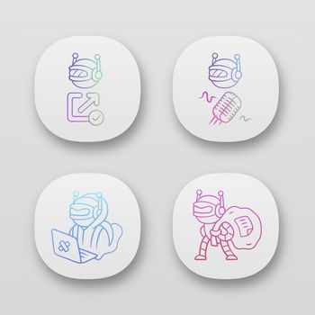 Bot types app icons set. Hacker, backlink checker, scraper bots. Malicious robot. Artificial intelligence, AI. UI/UX user interface. Web or mobile applications. Vector isolated illustrations