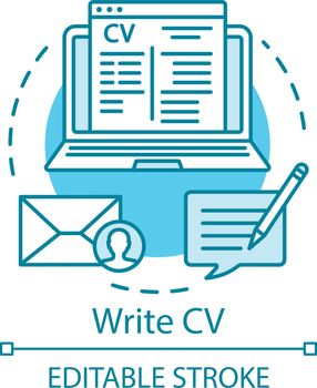 Write CV concept icon. Resume, curriculum vitae idea thin line illustration. Sending job application and resume. Sign up, registration. Vector isolated outline drawing. Editable stroke