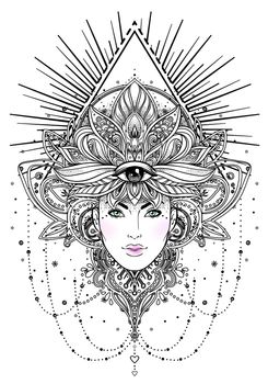 Tribal Fusion Boho Diva. Beautiful Asian divine girl with ornate crown, kokoshnik inspired. Bohemian goddess. Hand drawn elegant illustration. Lotus flower, ethnic art.