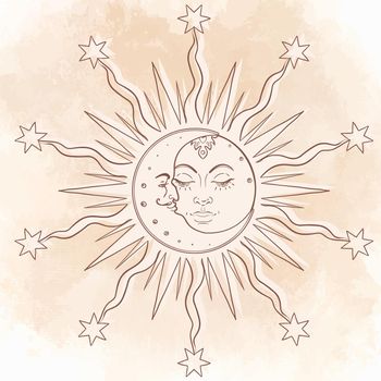 Sun Moon symbols as a face inside ornate mandala. Round pattern. Vintage decorative vector illustration isolated on white. Hand drawn. Retro style card design. Coloring book