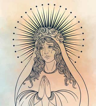 Lady of Sorrow. Devotion to the Immaculate Heart of Blessed Virgin Mary, Queen of Heaven. Vector illustration isolated