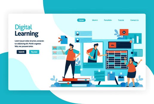illustration of landing page for digital learning. learning by technology or instructional practice that effective for transferring knowledge, skill, value, belief, and habit. adaptive and analytics