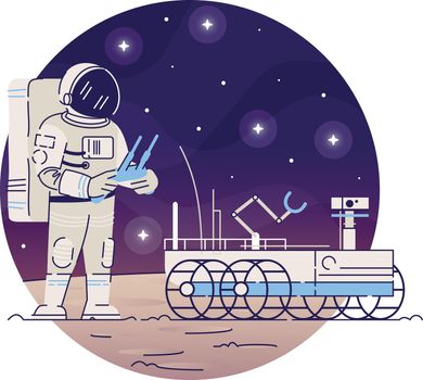 Astronaut with moon rover flat concept icon. Cosmonaut in outer space sticker, clipart. Space exploration vehicle and aerospace technology isolated cartoon illustration on white background