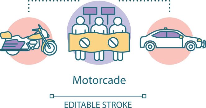 Motorcade concept icon. Vehicles procession idea thin line illustration. Police car, motorcycle and protesters with placards vector isolated outline drawing. Political transportation. Editable stroke