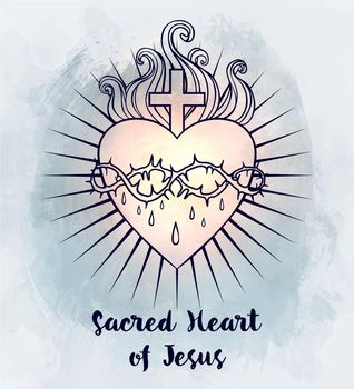 Sacred Heart of Jesus. Vector illustration black isolated on white. Trendy Vintage style element. Spirituality, occultism, alchemy, magic, love. Coloring book for adults.