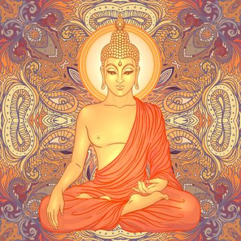 Sitting Buddha over ornate mandala round pattern. Vector illustration. Vintage decorative composition. Indian, Buddhism, Tattoo, yoga, spirituality.
