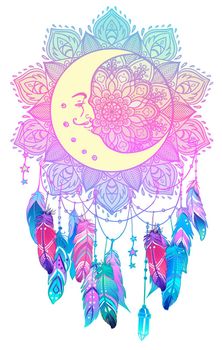 Hand drawn Native American Indian talisman dreamcatcher with feathers, moon. Vector hipster illustration isolated on white. Ethnic design, boho chic, Blackwork tattoo flash.
