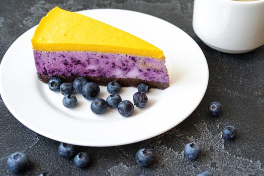 Piece of blueberry cheesecake with yellow topping