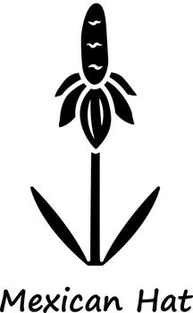 Mexican hat wild flower glyph icon. Upright prairie coneflower with name inscription. Ratibida columnifera plant. Blooming wildflower. Silhouette symbol. Negative space. Vector isolated illustration