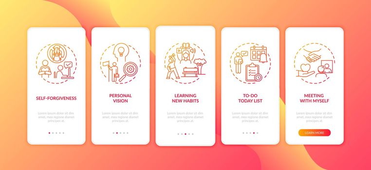 Fighting procrastination methods onboarding mobile app page screen with concepts