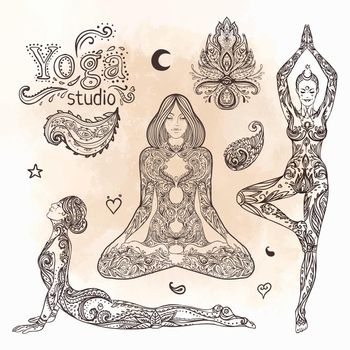 Yoga, meditation vector illustration set. Vintage decorative vector elements isolated. Hand drawn. Indian, Hindu paisley motifs. Tattoo, spirituality