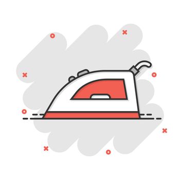 Iron icon in comic style. Laundry equipment cartoon vector illustration on white isolated background. Ironing splash effect business concept.