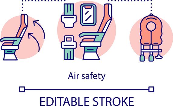 Air safety concept icon. Emergency help idea thin line illustration. Flight equipment and devices. Life vest, oxygen mask, seat belt. Vector isolated outline drawing. Editable stroke