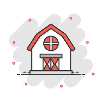 Barn icon in comic style. Farm house cartoon vector illustration on white isolated background. Agriculture storehouse splash effect business concept.