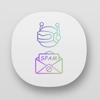 Spambot app icon. Virus advertisements, links. Spam bot. Malicious phishing sites. Spam advertising software sending. UI/UX user interface. Web or mobile applications. Vector isolated illustrations
