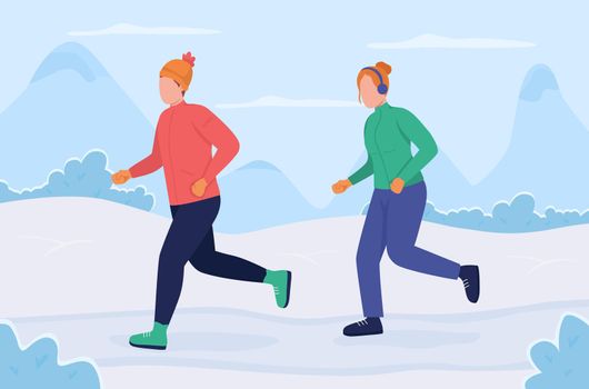 Training during wintertime flat color vector illustration