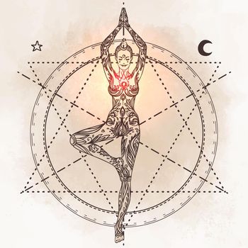 Yoga, meditation vector illustration set. Vintage decorative vector elements isolated. Hand drawn. Indian, Hindu paisley motifs. Tattoo, spirituality